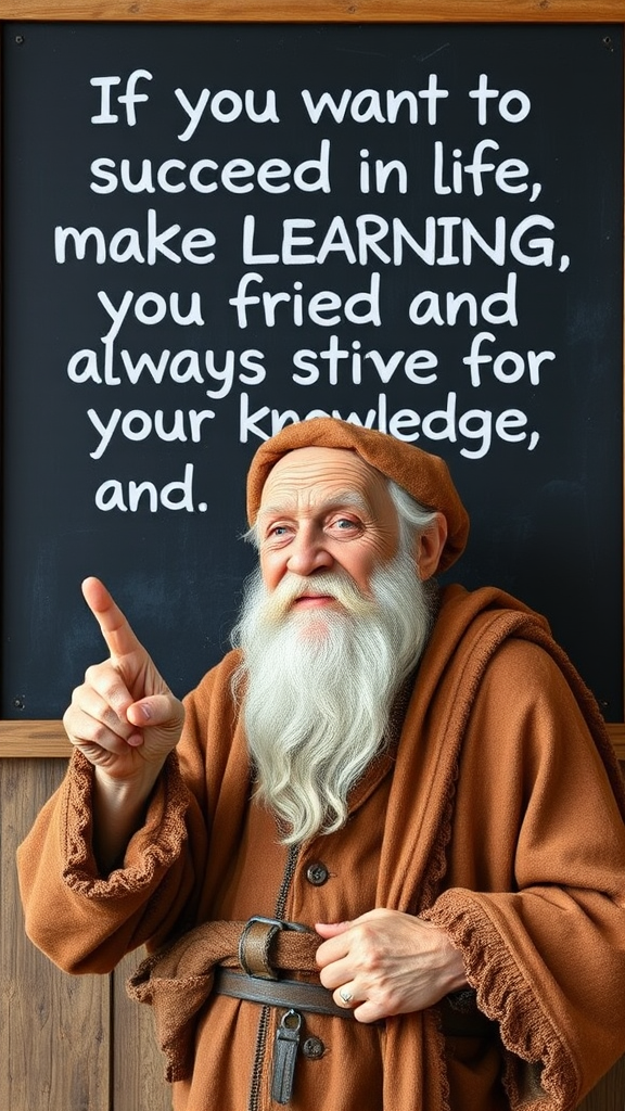 Create an image of an old wise man pointing at a board that says, "If you want to succeed in life, make learning your friend and always strive for your knowledge and personal growth." - Image