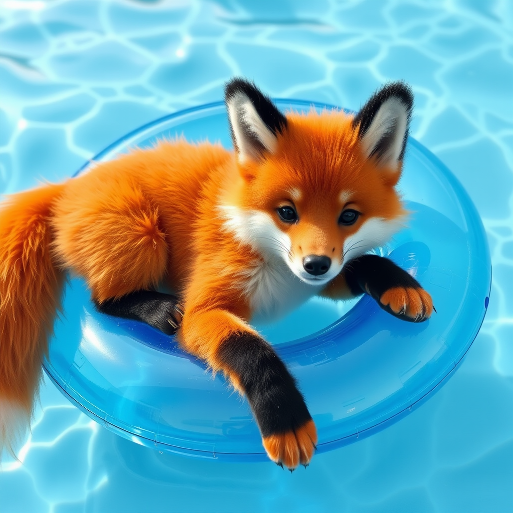 Aiden, the red fox furry, lying on a blue transparent inflatable ring in the pool.