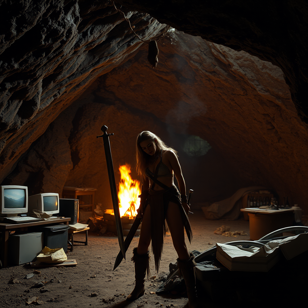 Real-life photography: At night, in the cave, there is a female barbarian holding a sword. The cave is very large, with a bonfire, a 90s desktop computer, and some messy household items.