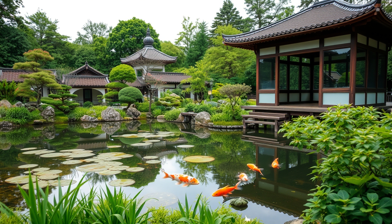 A serene Japanese garden with a glass teahouse overlooking a koi pond. - Image