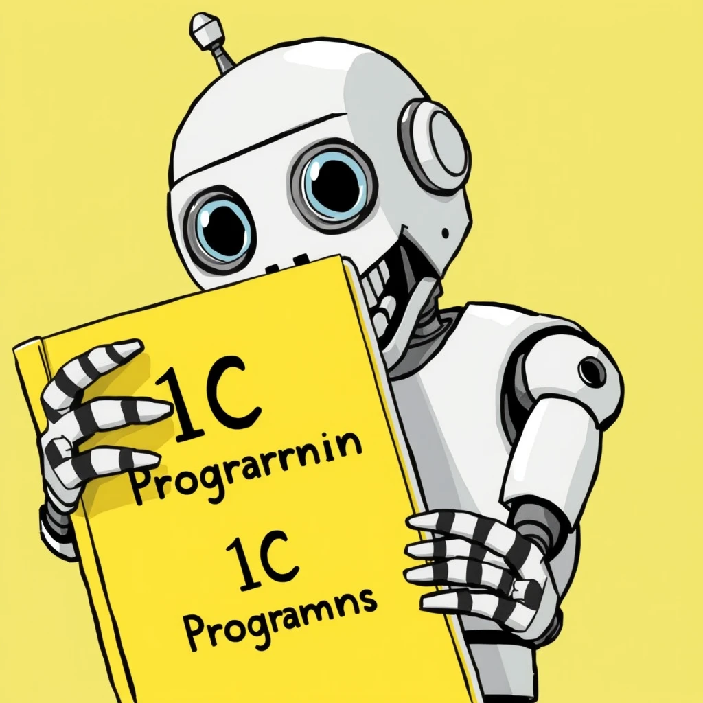 The robot is gnawing its teeth on a yellow book labeled 1C Programming. - Image