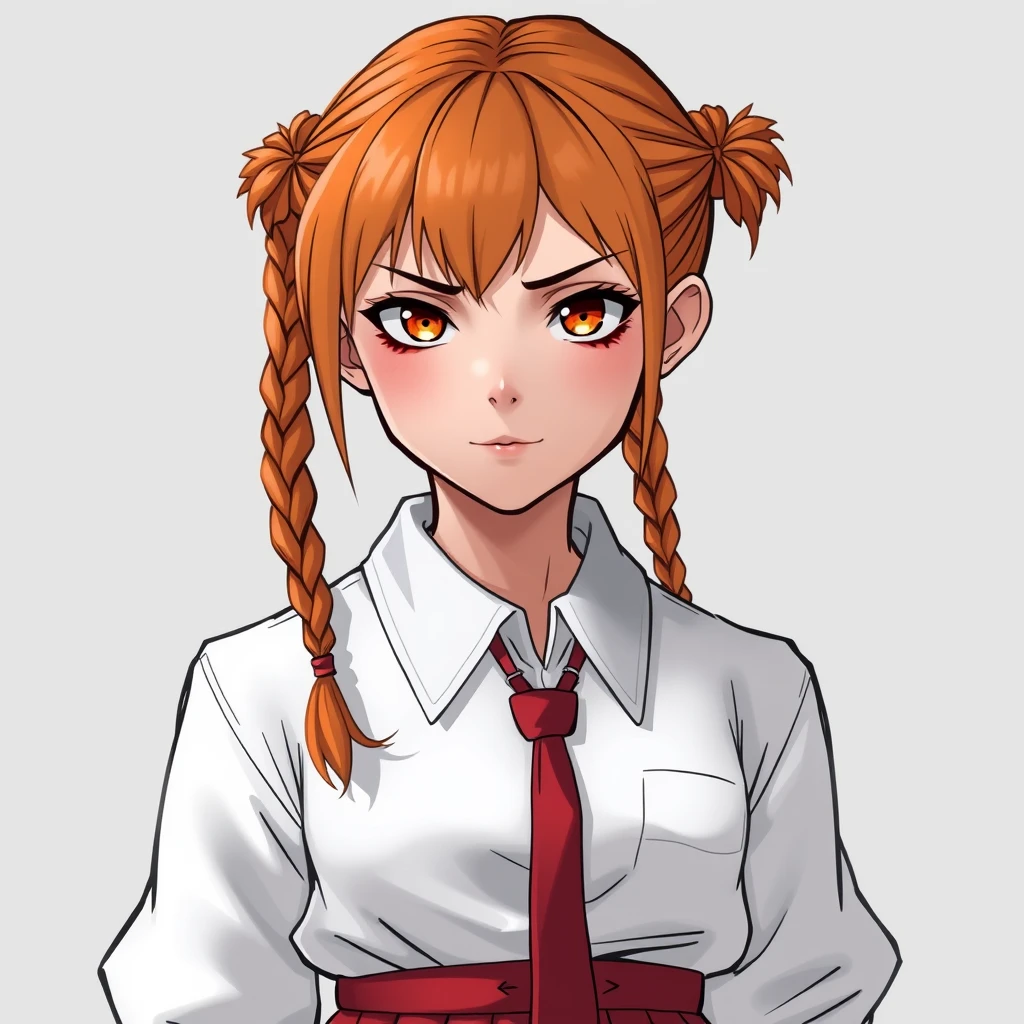 A teenage girl in a white shirt with a small red tie and a skirt. Appearance: orange hair, braided in two small pigtails, and orange eyes, with a sly look.