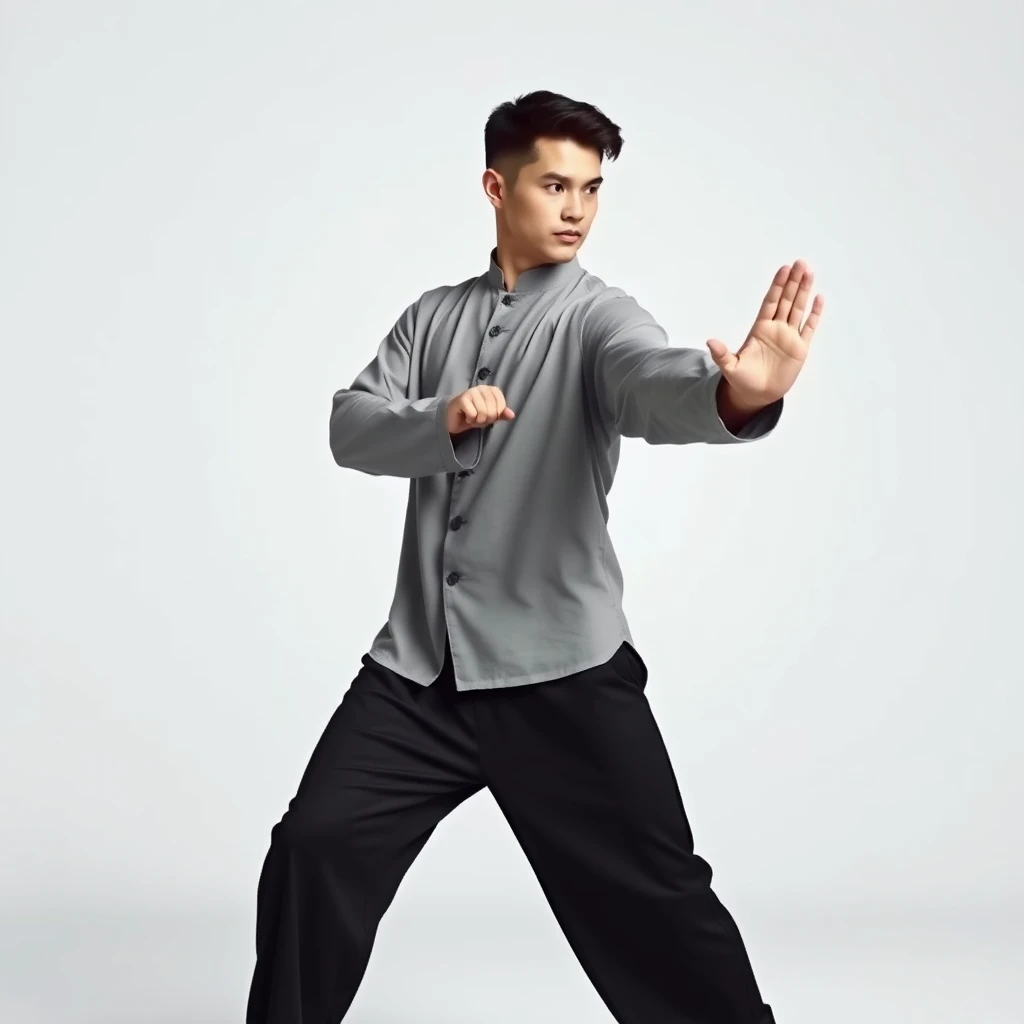 Photo of a college male performing Tai Chi. He is standing in a balanced and poised stance with one hand extended gracefully forward and the other hand held close to his body. The background is serene and minimalistic, focusing on the fluid and controlled movements of Tai Chi. - Image