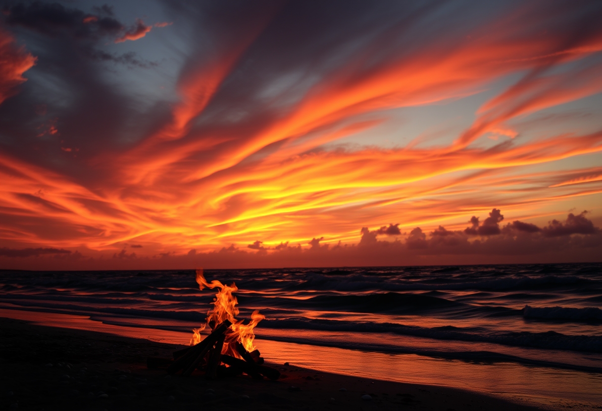 Dramatic, fiery sunset, colorful clouds, silhouettes, high quality, photorealistic, evening sky, reflection, serene, beachside bonfires, seashells, peaceful waves.