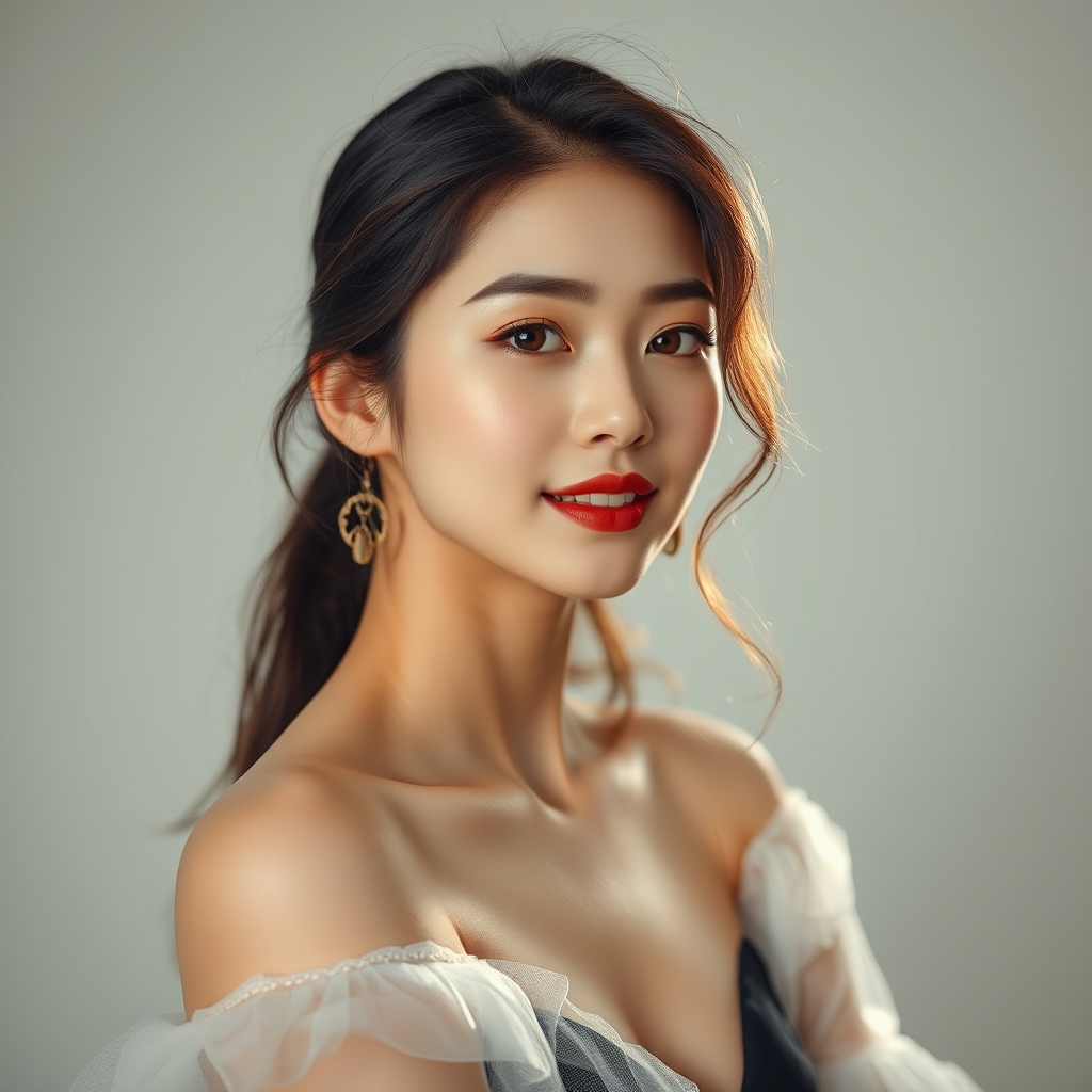 Graceful Korean model, exuding charm and poise, captured in a high-fashion photography setting that harmoniously combines artistic elements with a touch of allure. The image highlights a refined presentation of elegance, featuring high-definition textures and meticulous lighting, showcased in an elegant aspect ratio, full-body.