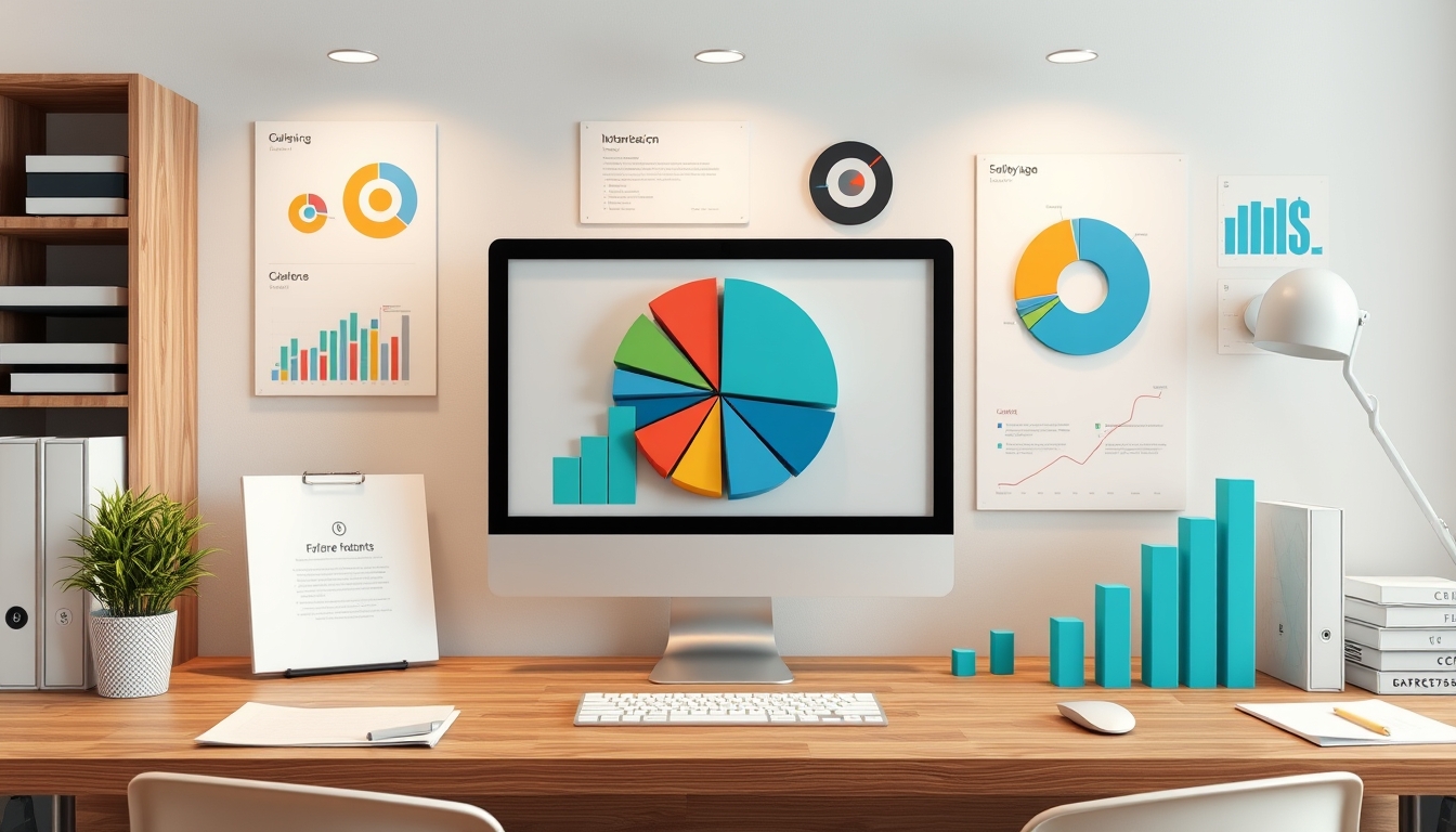 Organized Workspace with 3D Pie Charts and Graphs, Ideal for Business Presentations, Copy Space Available.