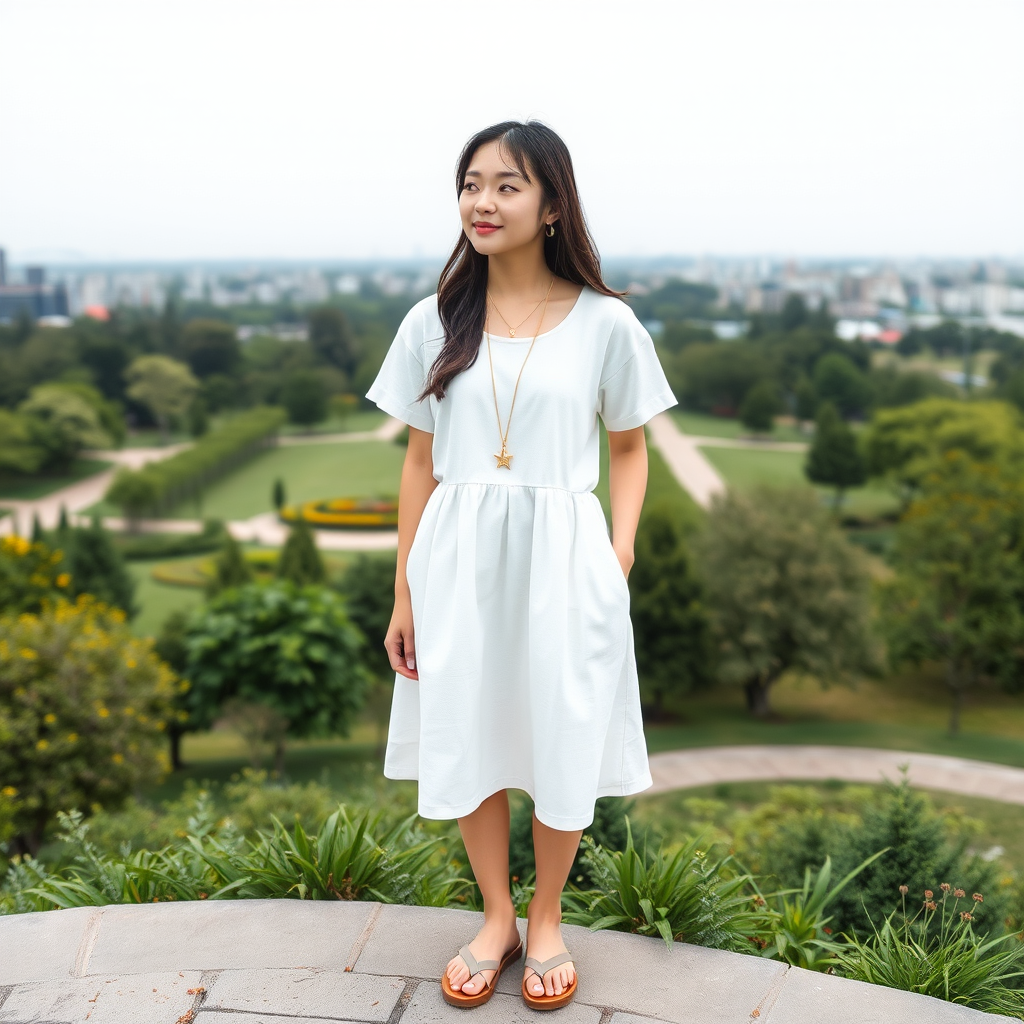 A 20-year-old Chinese girl wears a fresh and soft white dress made of cotton and linen blend. The skirt has an A-line design, and the hem reaches just above the knees. It is accessorized with a simple gold necklace. The pendant is in the shape of a small star, which is particularly delicate. She pairs her ears with a pair of small hoop earrings of the same gold color and wears a pair of light brown sandals with thin straps to make her feet look more slender. Panoramic view, with a beautiful park in the background. - Image