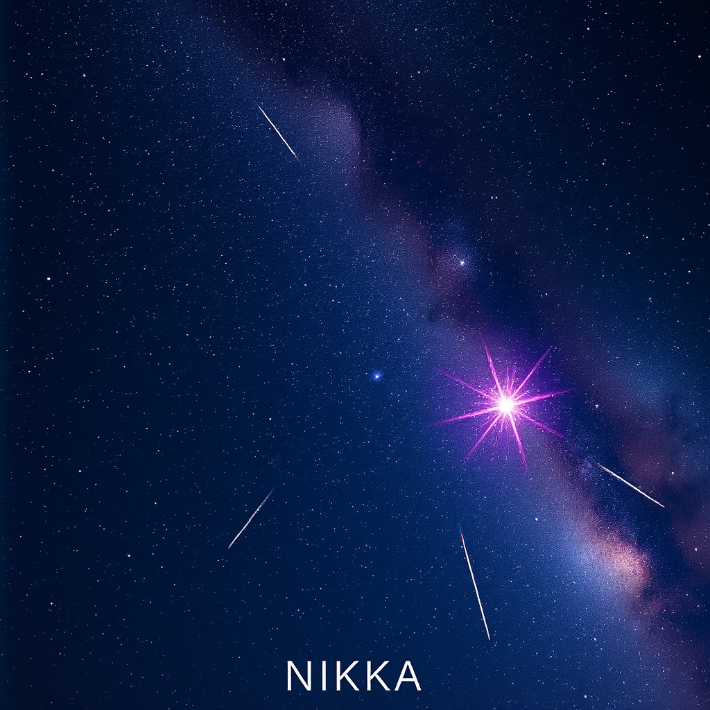 Stars in the night sky, shooting stars, the Milky Way, a shimmering purple Boraland star seen from afar, "NIKKA" title text, glam art, fantastical, mystique.