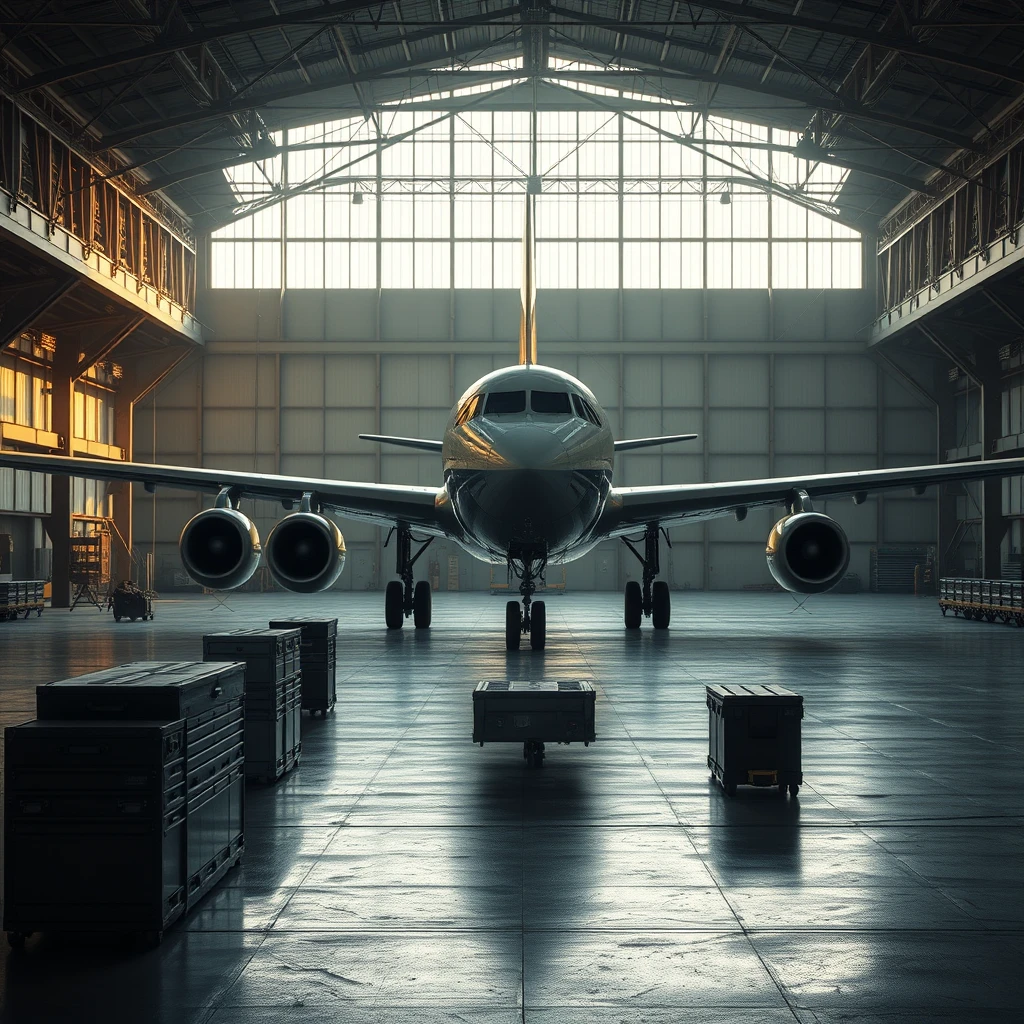 empty aircraft hangar interior environment tool boxes late afternoon atmospheric cinematic -airplane