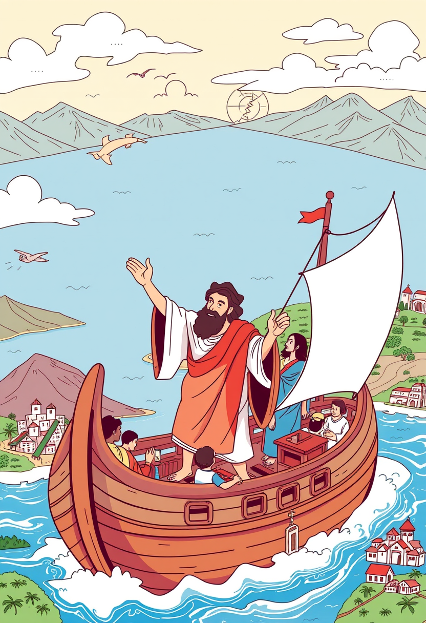 Illustrate Paul traveling by ship, preaching to people in different cities, with maps and various landscapes in the background. - Image