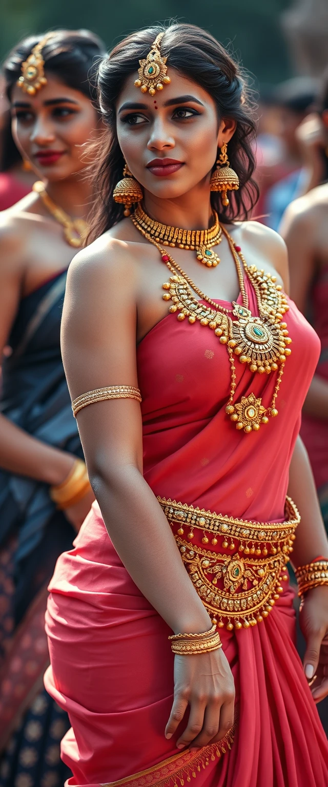 White-skinned Indian busty women wearing gold ornaments on their waists.