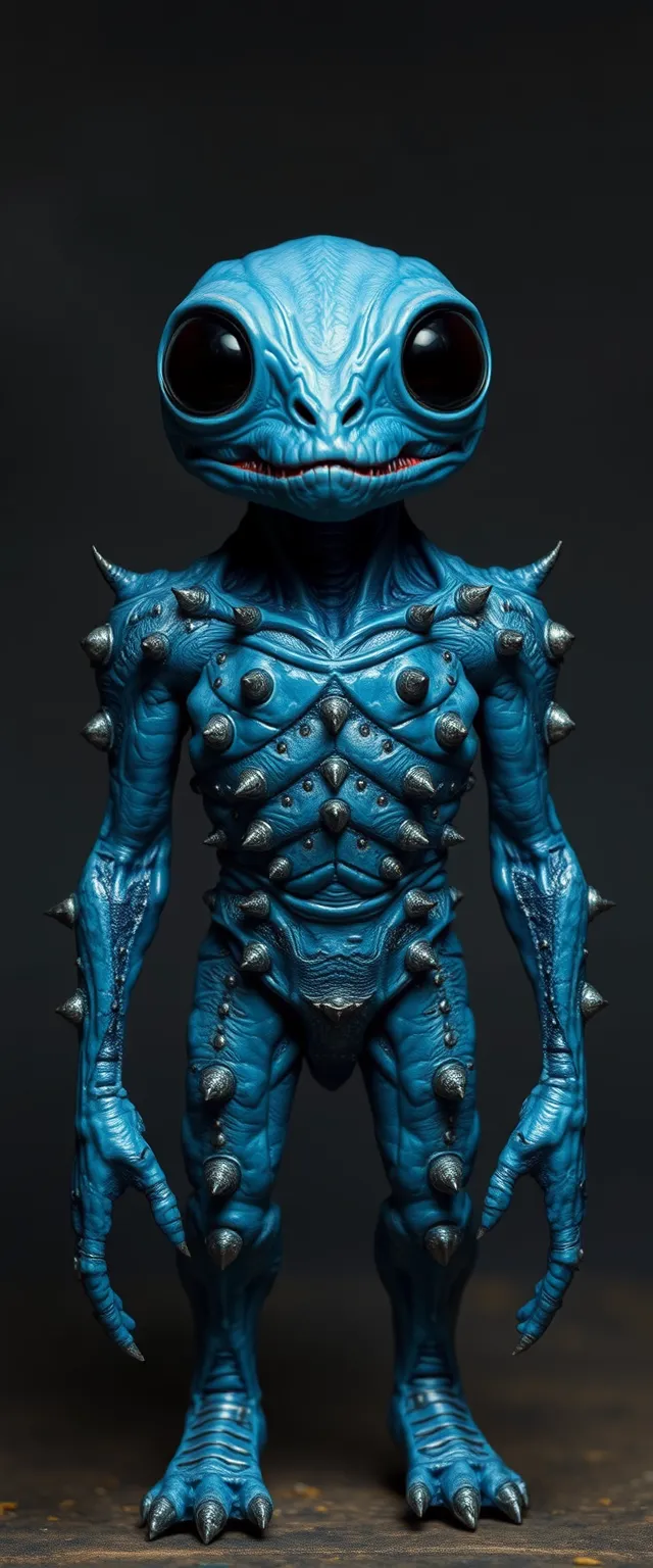 A full body figure of a strange blue creature with black eyes and skin with metal pimples and spines, cinematic art style. - Image