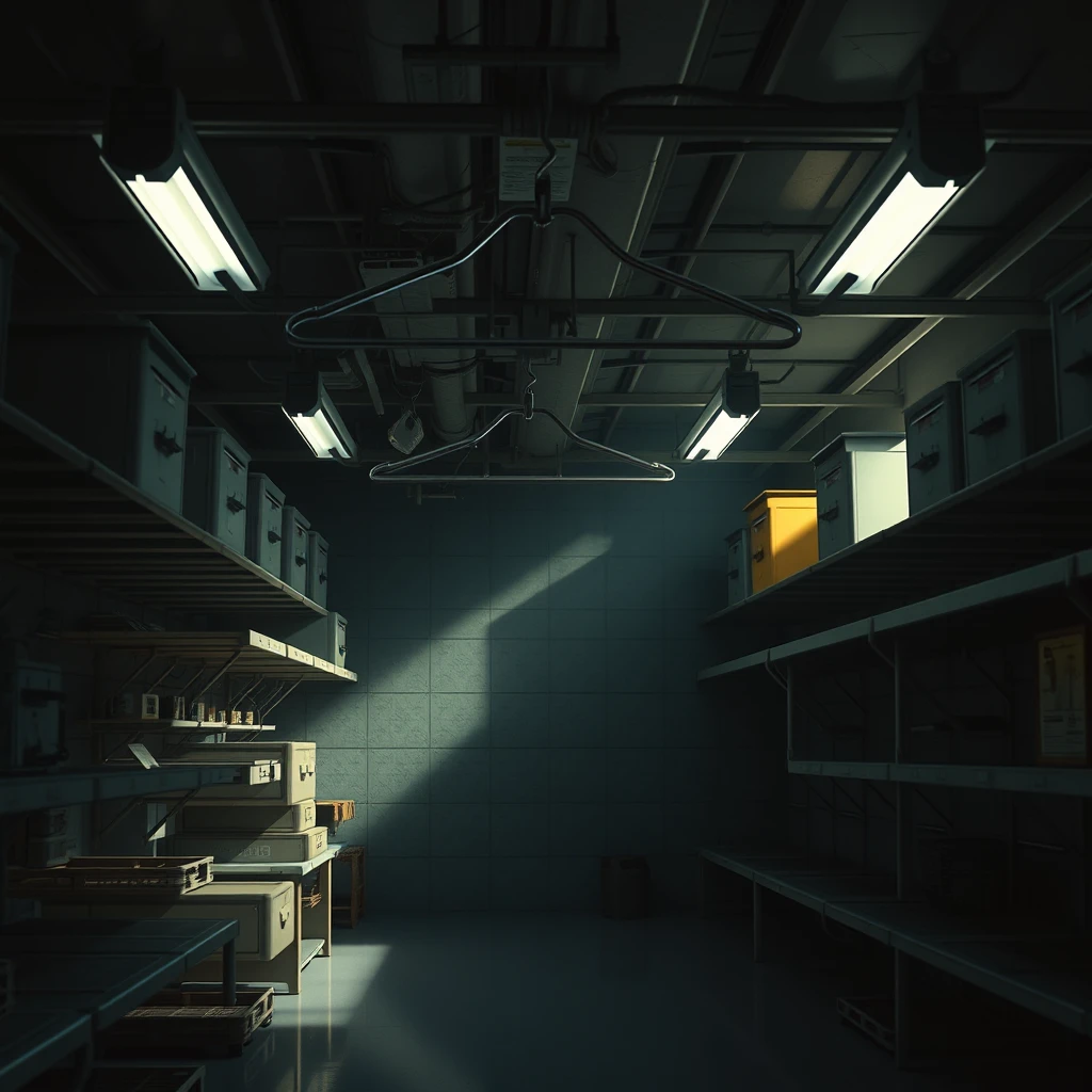 empty hanger interior environment tool boxes late afternoon atmospheric cinematic