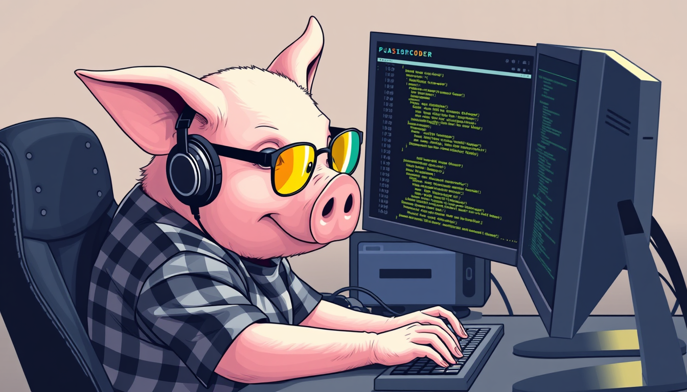 A tech-savvy pig coder, wearing yellow-tinted glasses and sleek noise-canceling headphones, hunches over a cutting-edge multi-monitor setup. The anthropomorphic pig exudes focus, typing furiously. It is dressed in a plaid t-shirt. - Image