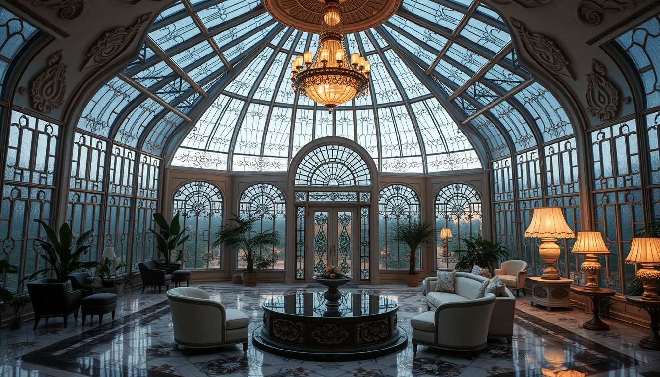 photo, retrofuturism, dream photography, clean energy-powered society, stunning art deco design, interior, 1990s, Paris style, ornamental, mid-century modern home, large conservatory, luxurious interior, geometry, opulent