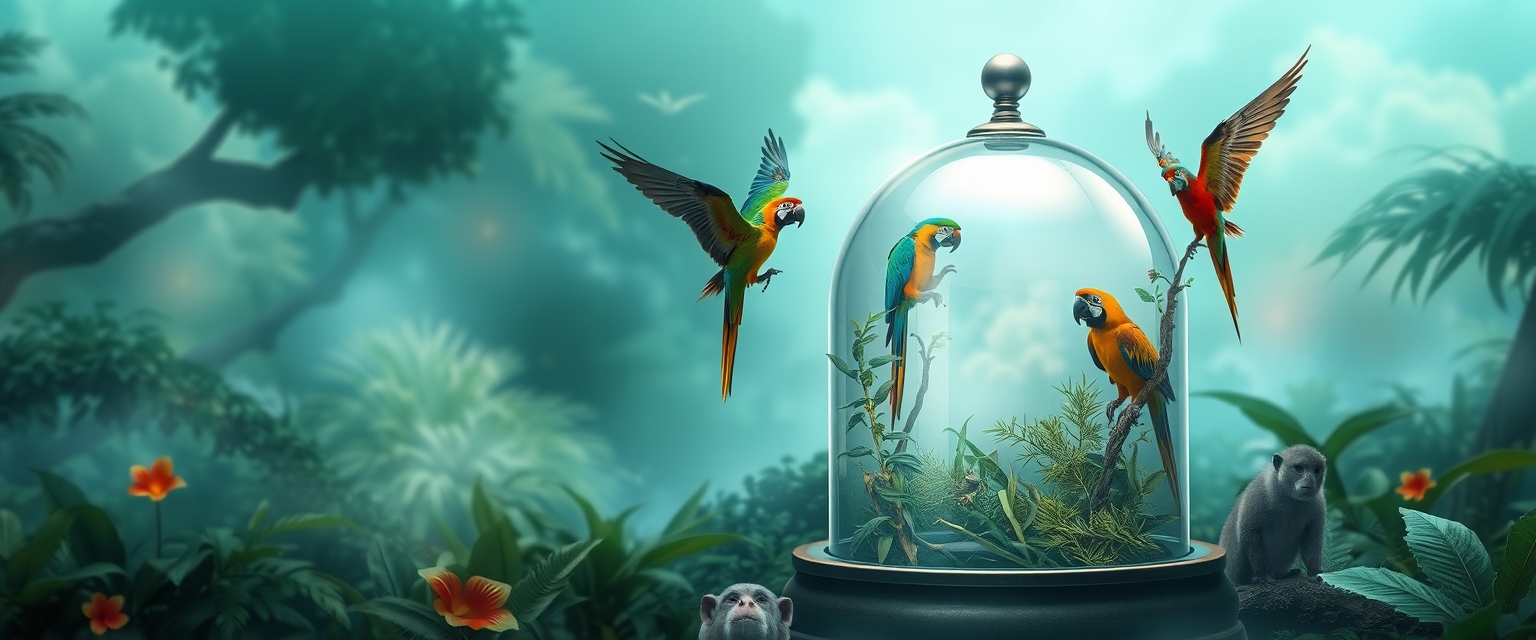 A magical rainforest scene with a glass dome containing parrots and monkeys.