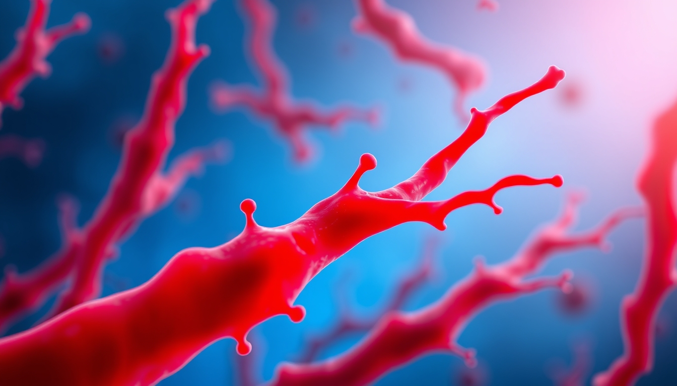 A close-up of red blood vessels with a blue background.