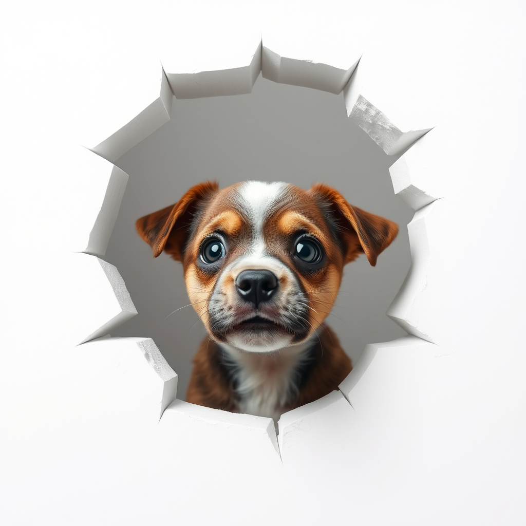 A white wall with a 3D fracture in the center, from which the head of a cute surprised puppy emerges, with space behind him.