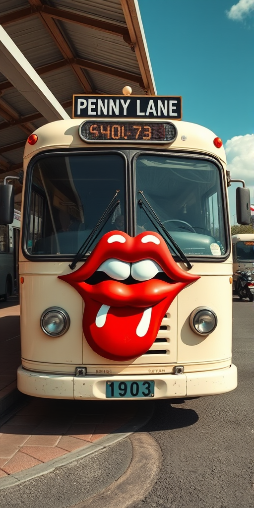 Surreal and whimsical image featuring a vintage bus parked at a bus station. The bus has a cream-colored exterior with a slightly weathered look, and the number '1903' is displayed on the front. The most striking feature is the large, exaggerated set of lips and teeth superimposed on the front bumper of the bus, resembling the Rolling Stones logo, with headlights as eyes, giving it a cartoonish and humorous appearance. The bus station has a covered area with a high roof, and there are other buses and motorcycles visible in the background. The bus destination sign reads 'PENNY LANE' in white text on a black background. The overall scene is bright and clear, with a blue sky and some clouds visible. - Image