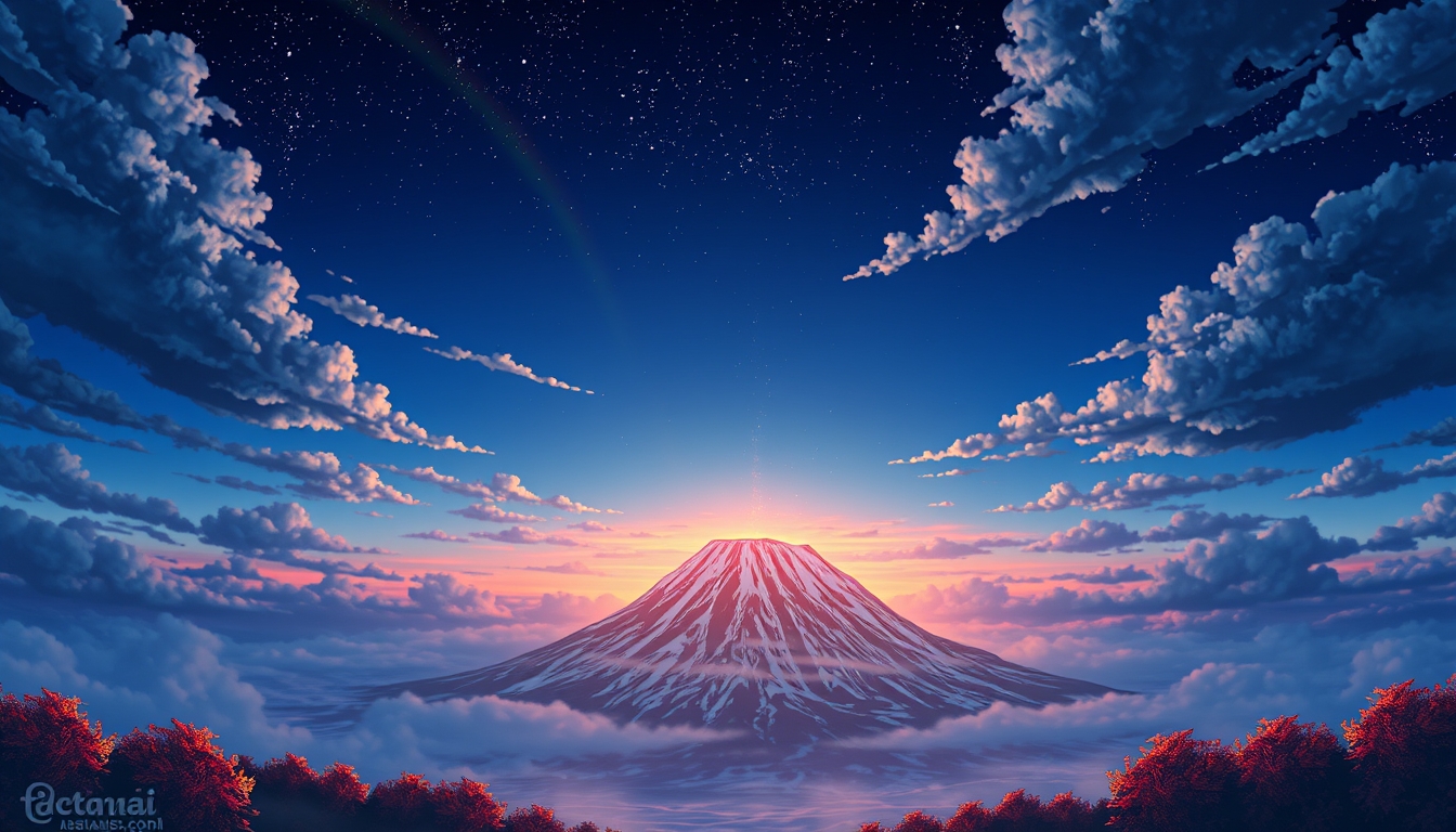 Volcano landscape image. Styled like an anime or game background. Blue sky, sunset, sunrise, night, fog, snow, rain, cloudiness, autumn leaves, rainbow. - Image