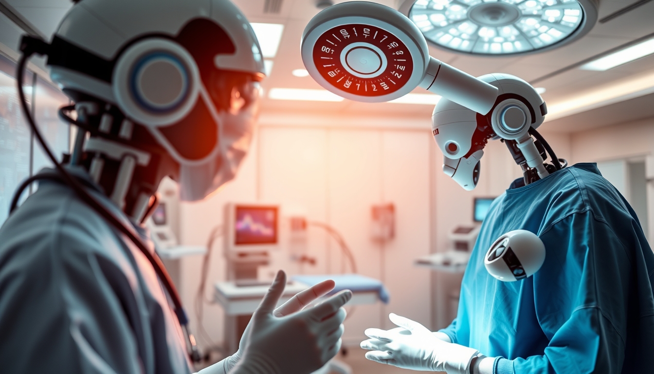 Smart healthcare facility with robotic surgery, depicting tech-driven health.