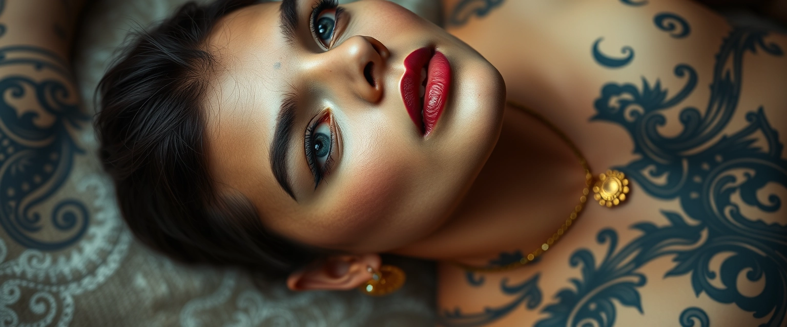 Chest shot of a tattooed body of a fair-skinned Indian-Korean woman with beautiful facial features, a prominent jaw, and blue eyes wearing gold ornaments, seen lying sideways with her gaze directed upward. - Image