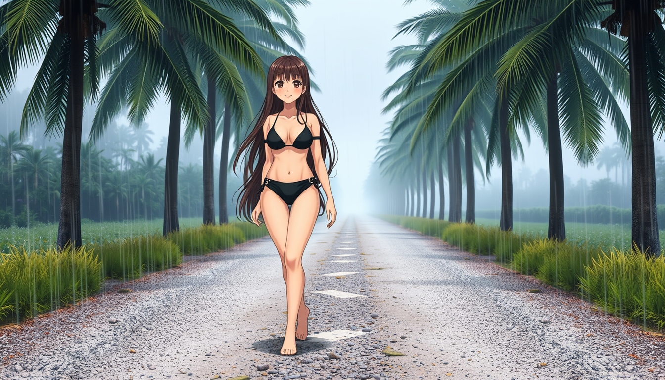 Anime style: A beautiful brunette girl with long hair wearing a black bikini, walking barefoot on a gravel country road in the rain, surrounded by palm trees, smiling, with a model body type. - Image