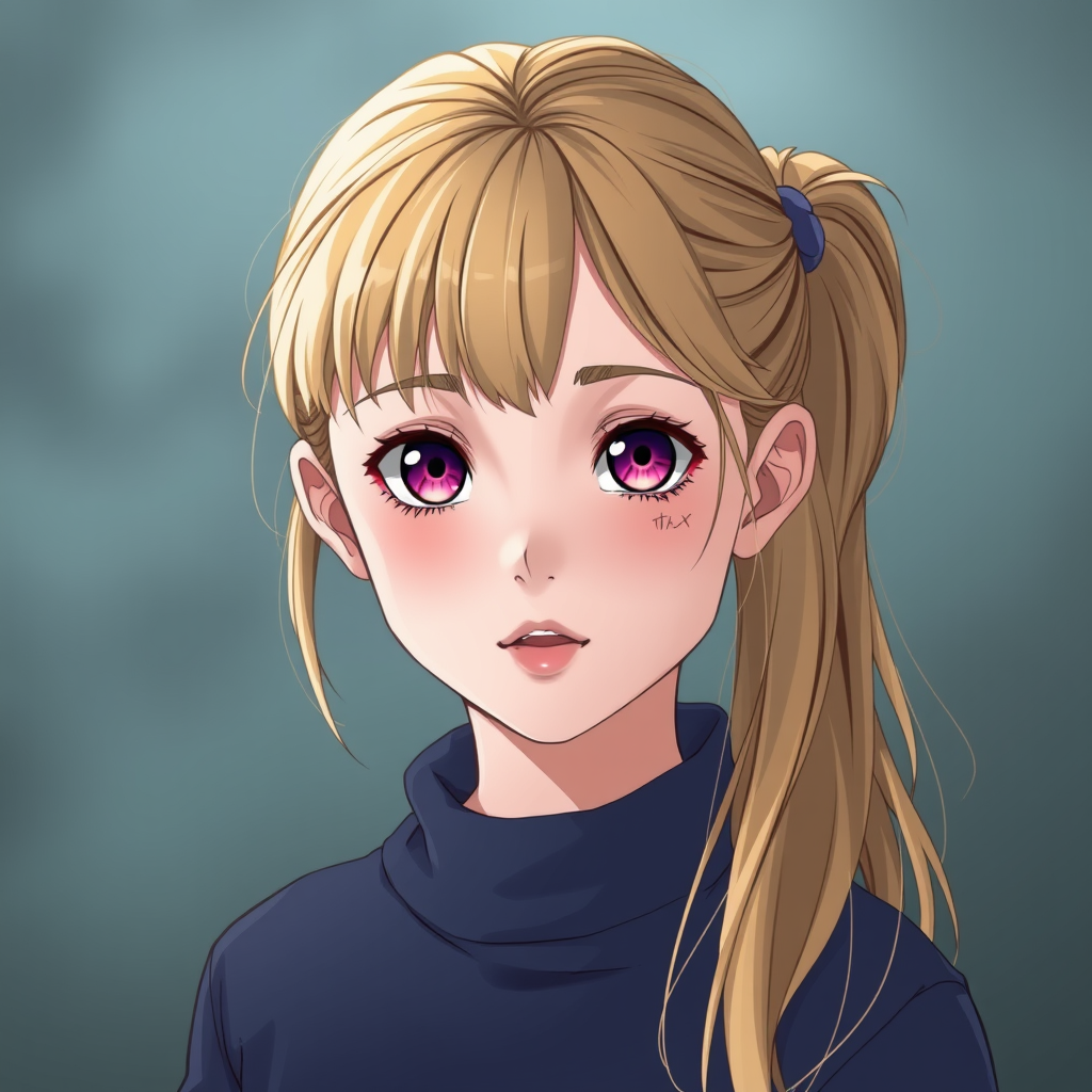 A beautiful young girl of average height with blonde hair that she ties in a side ponytail (much like how her late mother Ai Hoshino does) and has pink-ruby colored eyes with a six-star on her left eye like her late mother. - Image