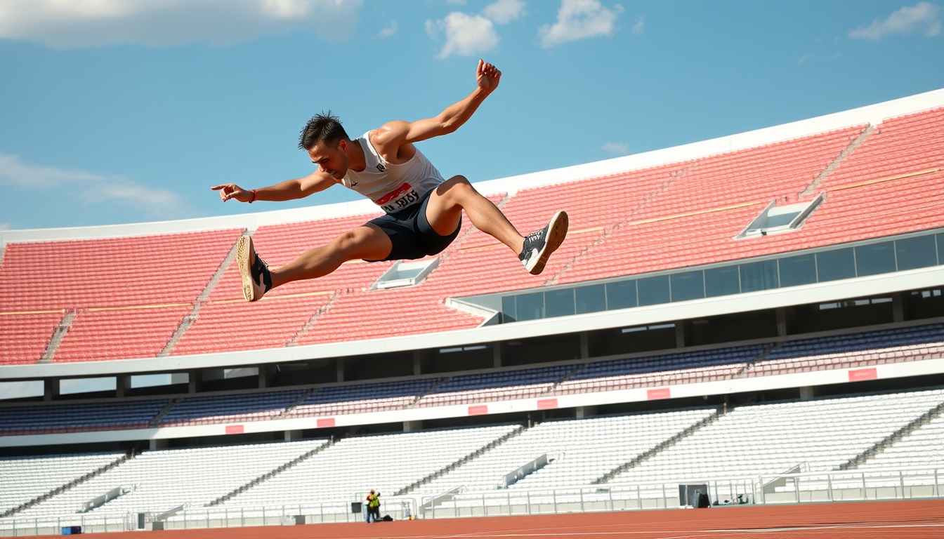 A dynamic shot of an athlete in mid-air, performing a high jump in an outdoor stadium, with a focus on strength and movement.