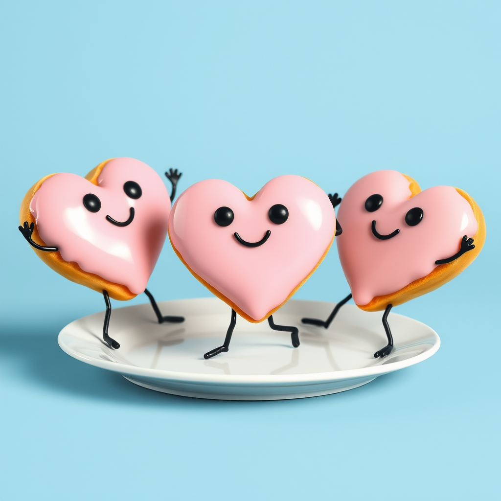 funny heart-shaped donuts dancing on a plate