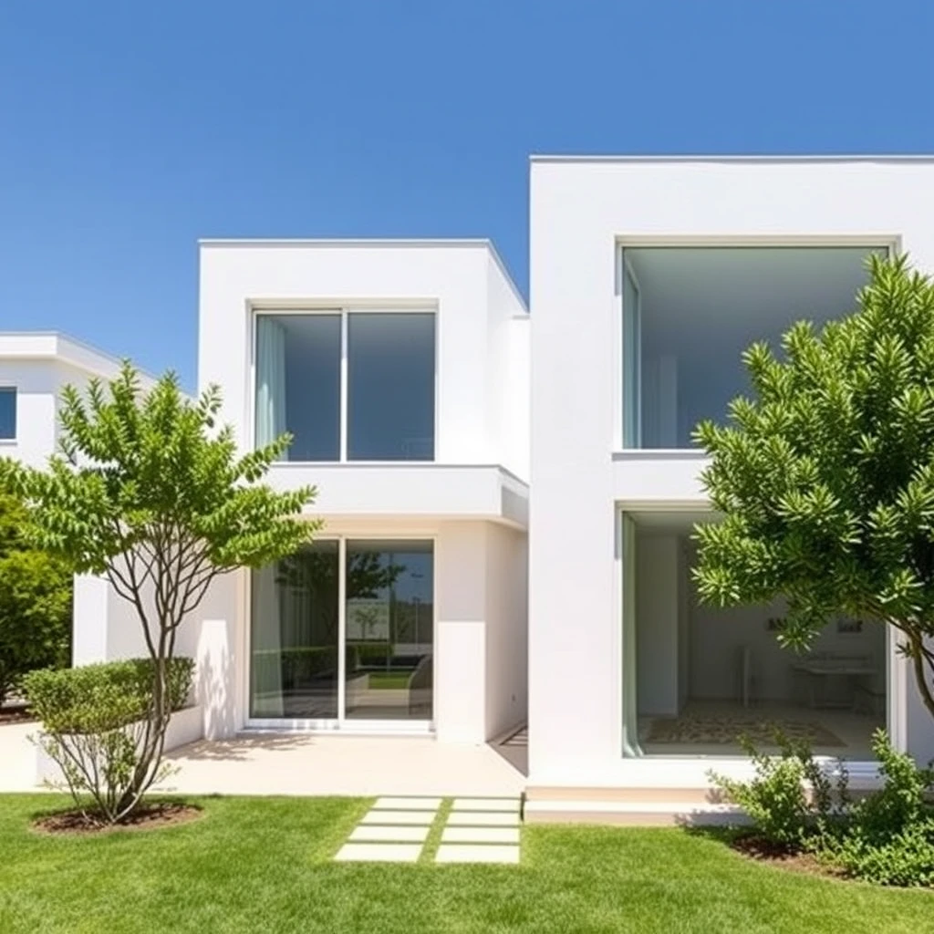 A beautiful modern house in Spain with large, white plastic windows, viewed from the outside. The house features sleek, minimalist architecture with clean lines and a contemporary design. The exterior walls are in shades of white and neutral tones, blending perfectly with the lush green landscaping that surrounds the house. The windows are prominent and reflective, allowing a glimpse of the bright, airy interior. The scene is set under a clear blue Mediterranean sky, creating a bright and inviting atmosphere.