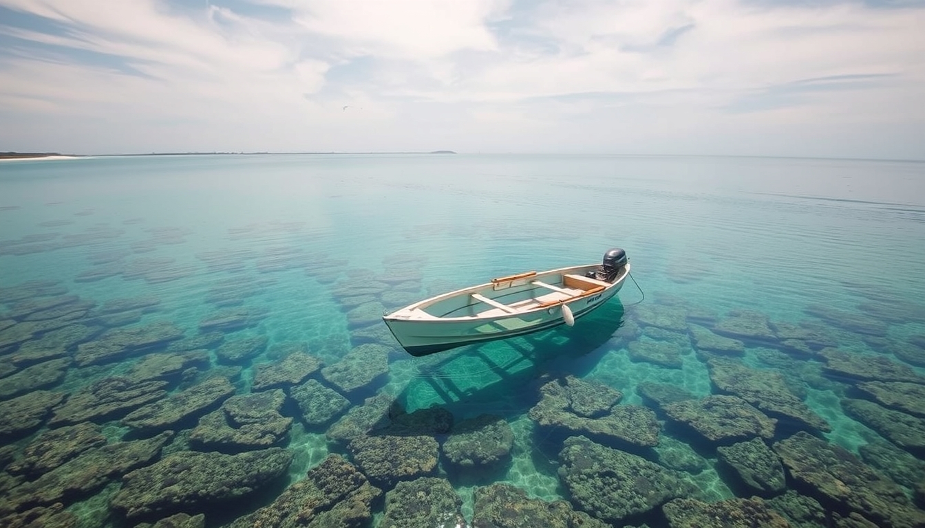 A tranquil beach with a glass-bottomed boat floating over a coral reef. - Image