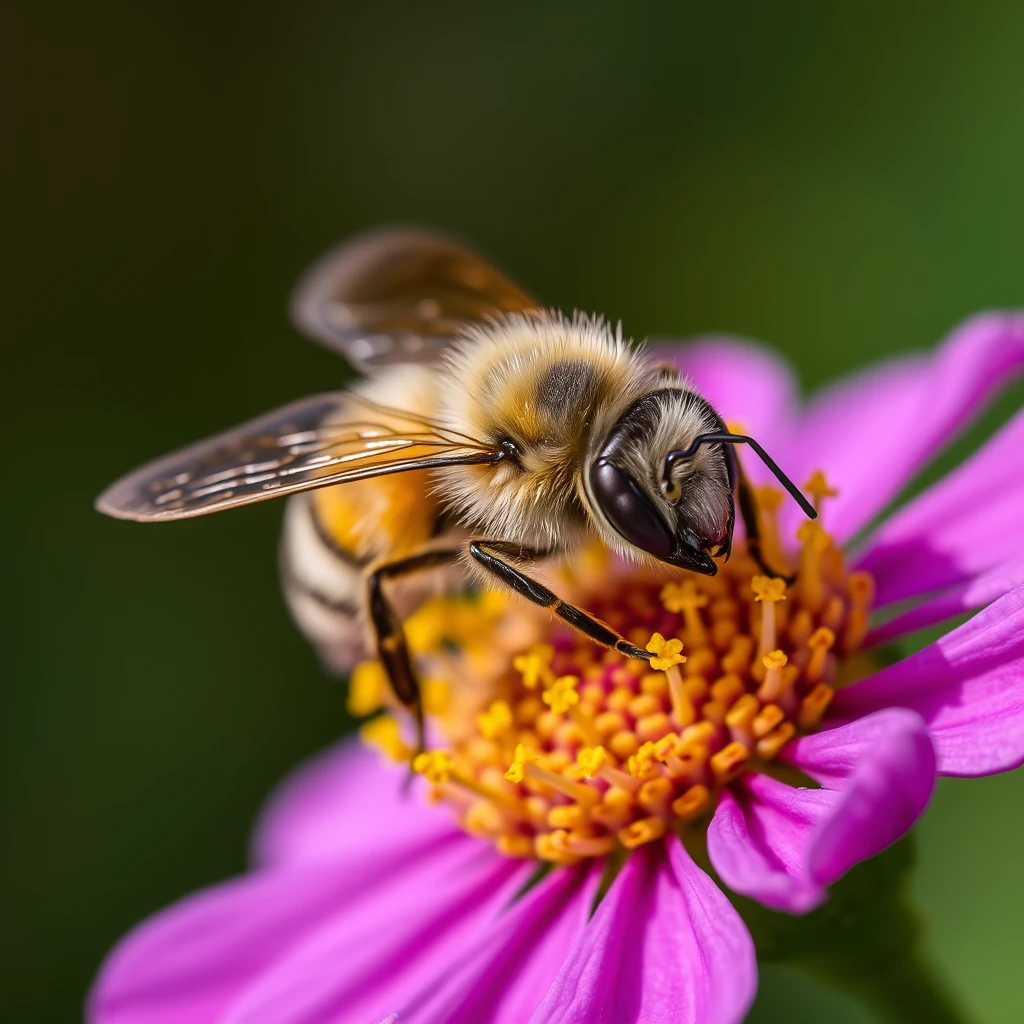 A bee on a flower, macro lens, shallow depth of field, microscopic detail. - Image