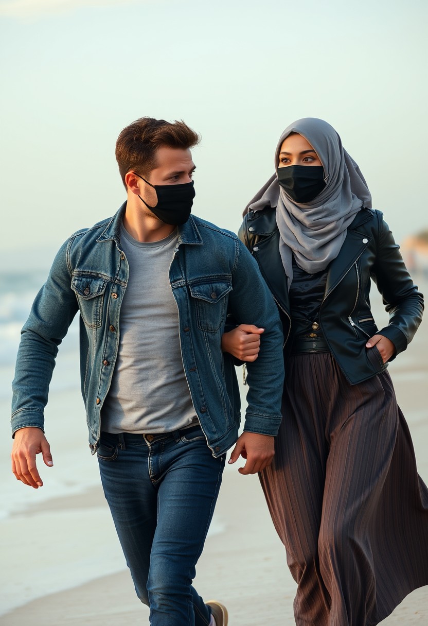 Jamie Dornan's head and body shot, handsome, black face mask, denim jacket, jeans, dating, love couple, with the tallest Muslim girl wearing a grey hijab, black face mask, beautiful eyes, black leather jacket, longest skirt, running happily together on the beach, hyper-realistic, street photography. - Image