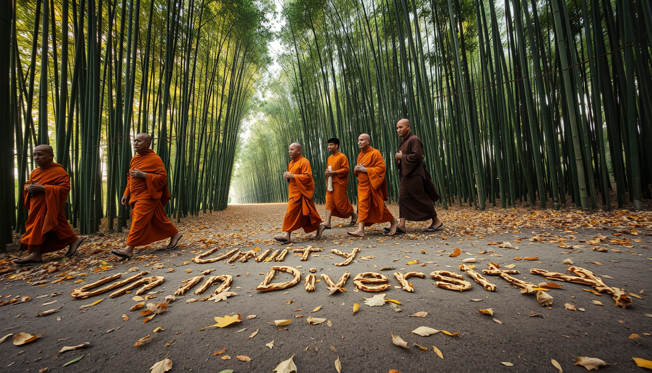 Sweep across a line of monks walking in a bamboo forest. As each monk passes, leaves fall to form the words "Unity in Diversity" in their wake.