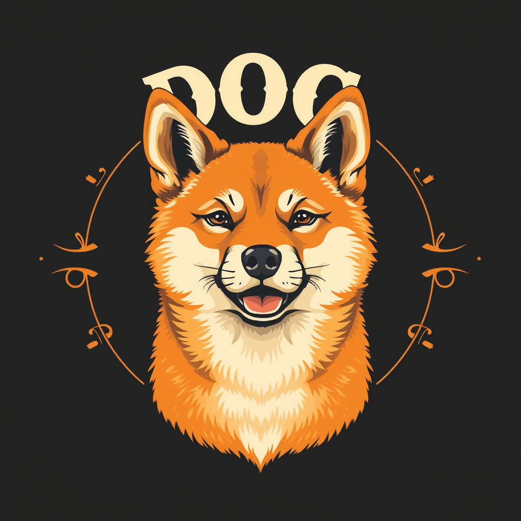 The top features a vintage bold font "DOG", a Shiba Inu portrait in the style of Ross, a surrealistic animal illustration, orange and black, high resolution, dark background, white fur, Ross painting style, deep gray and light amber, symmetrical.