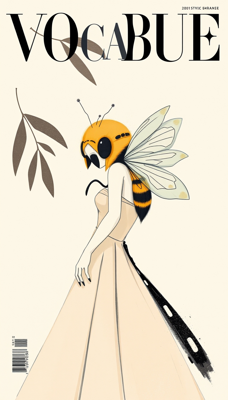 'a {cocobee} in the cover of a fashion magazine, in the style of manga-inspired, simplistic vector art, avian-themed, gesture painting, minimal, ethereal' - Image