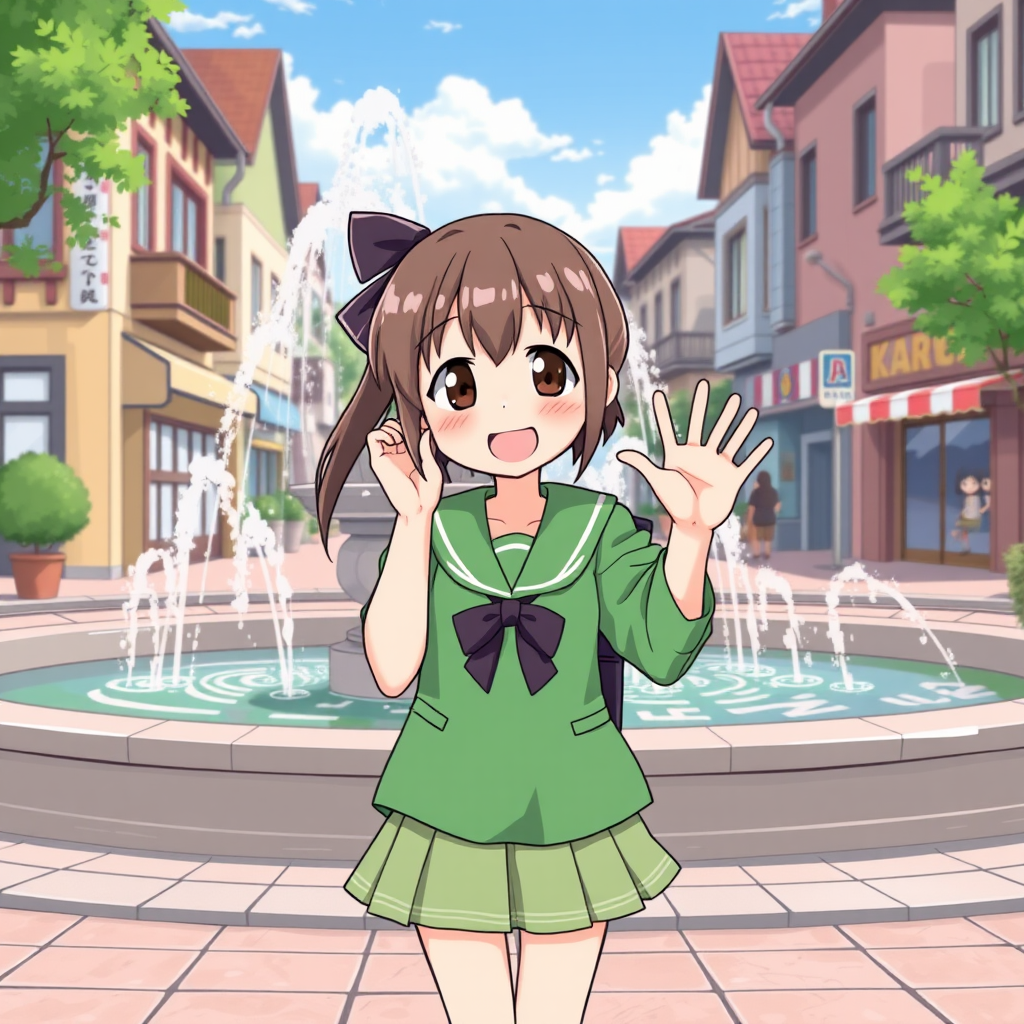 A scene in the style of Japanese manga, featuring a cheerful middle school girl in a cute green outfit, standing by a fountain in town, smiling and waving at the camera. - Image