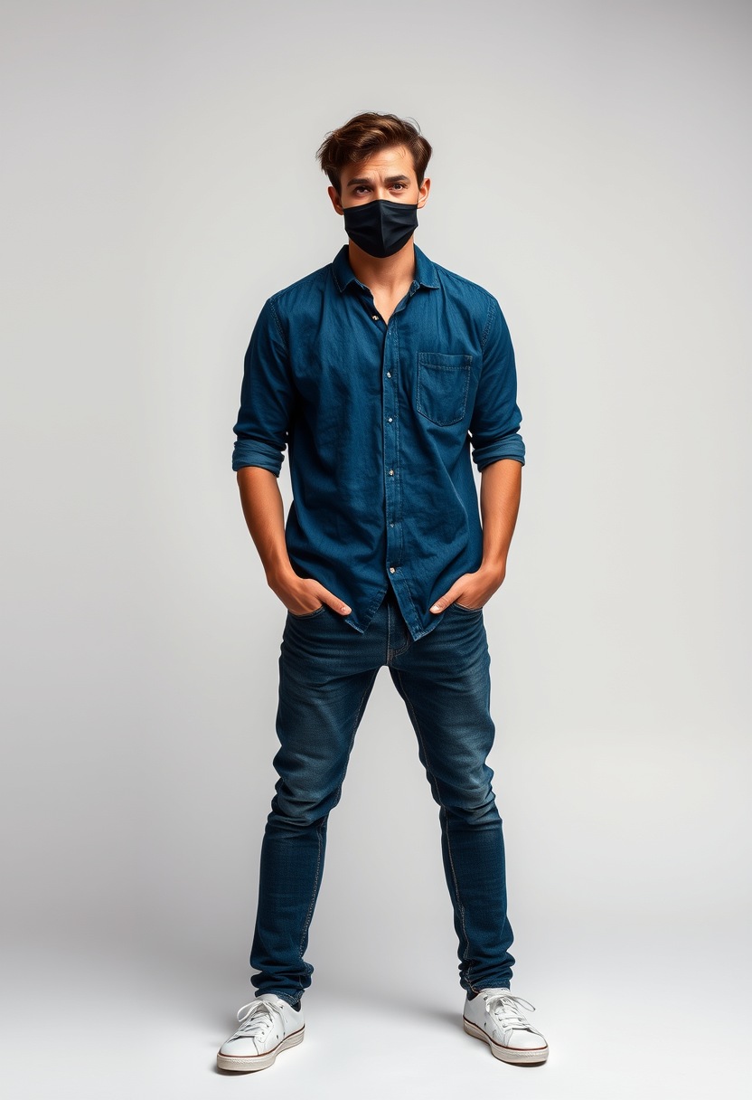 Jamie Dornan head and body shot, handsome, young, face mask black, blue shirt, jeans, sneakers, photorealistic, studio photography.