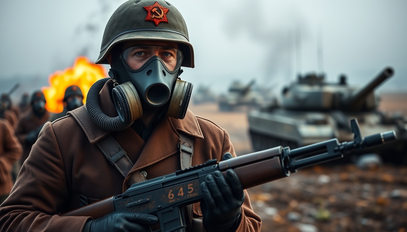 Generate a Soviet conscript soldier, wearing a gas mask with a tube connected to the air filter, wearing a Russian-style helmet with the red Soviet hammer and sickle logo, wearing a brown long coat, black leather gloves, and a brown leather belt, holding an AK-47 automatic rifle, standing in a battlefield, with the same soldiers in the background, an explosion in the background, and Soviet T-54 tanks in the background, with the background blurred.