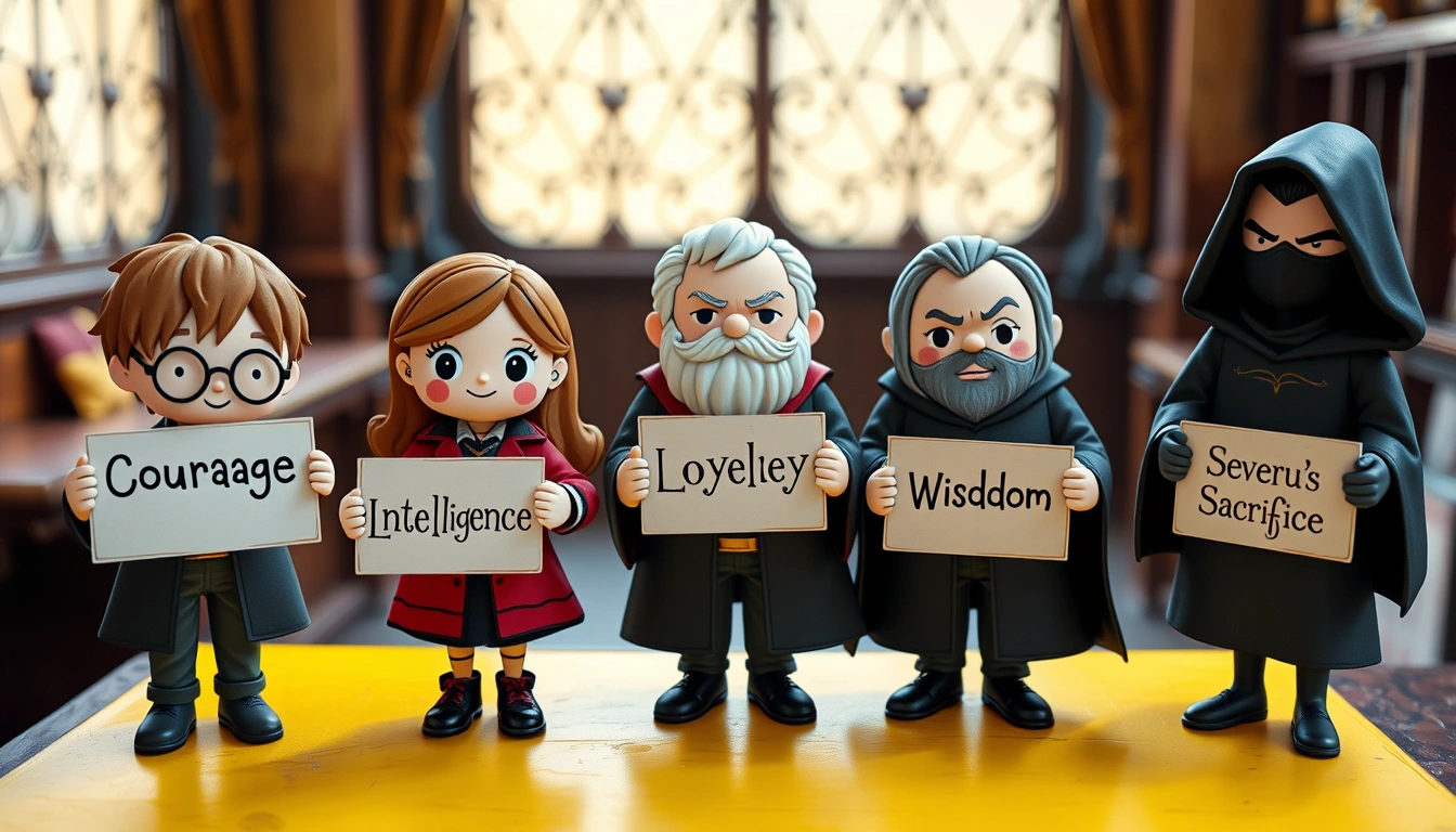 Five cute characters standing on a yellow table, each holding a sign. On the left, Harry Potter holds a sign that says 'Courage'; next to him, Hermione Granger holds a sign that says 'Intelligence'; in the middle, Ron Weasley holds a sign that says 'Loyalty'; next to Ron, Dumbledore holds a sign that says 'Wisdom'; and on the right, Severus Snape holds a sign that says 'Sacrifice'.