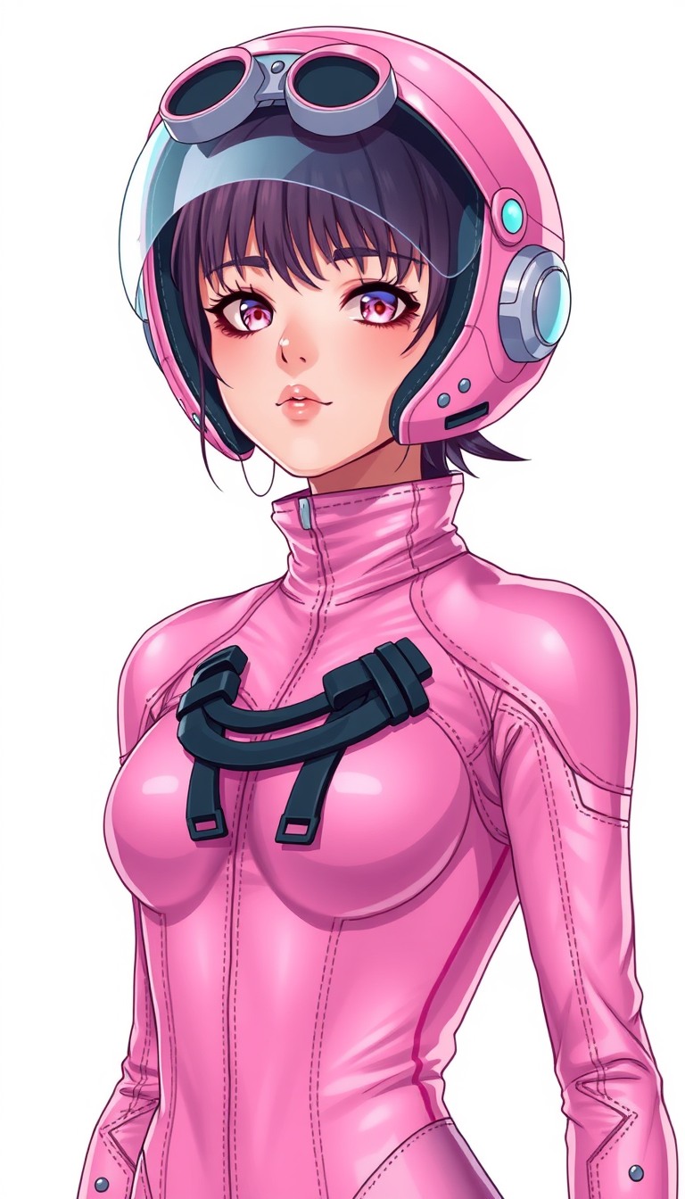 Ultra Detailed Character portrait, You're not wearing a helmet, Beautiful Pink space bodysuit, female, anime style, super glamorous space female pirate, Pink Clothes made of shiny vinyl, Pink space bodysuit, A view from the waist up to the head, The background is a simple white color, cute Feel like a villain, Bizarre suits like space alien designs. - Image