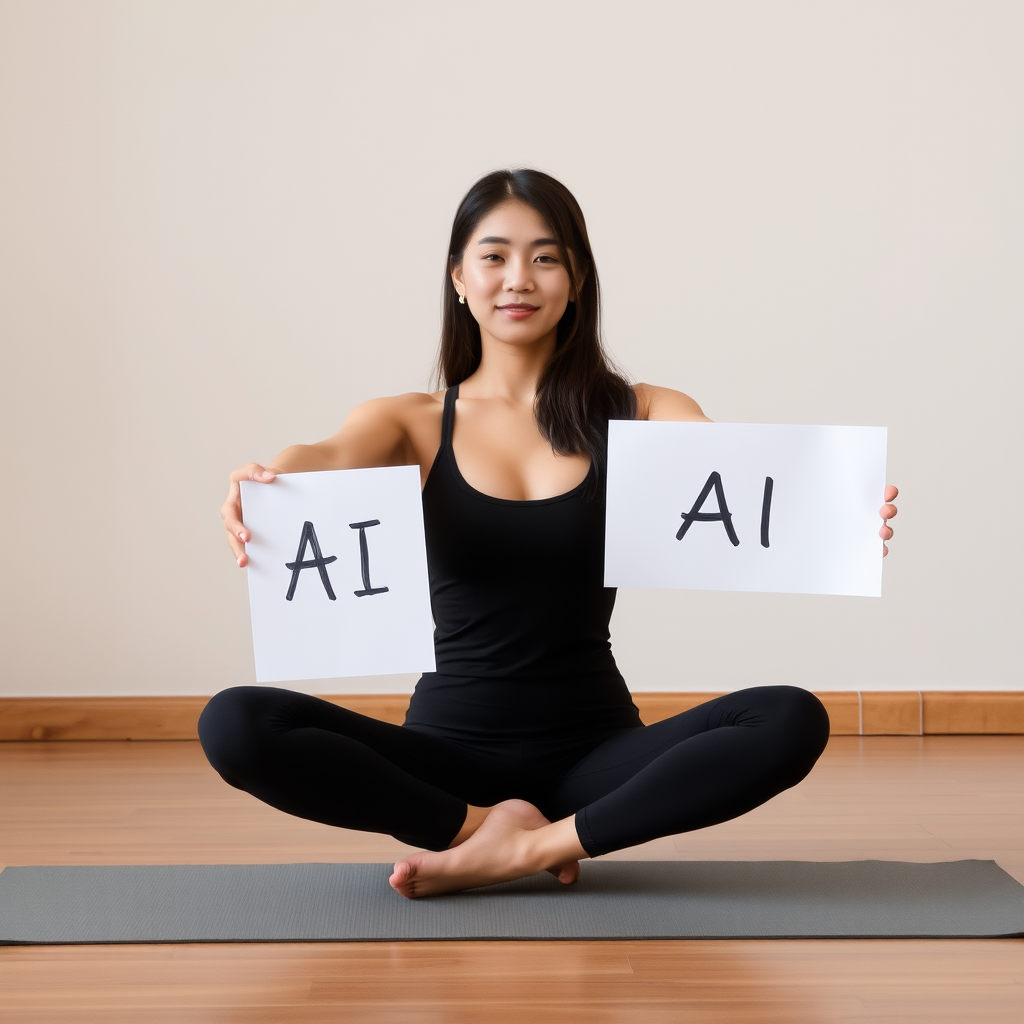 A Korean woman in her 20s doing yoga, holding a white paper, on which it says "AI."