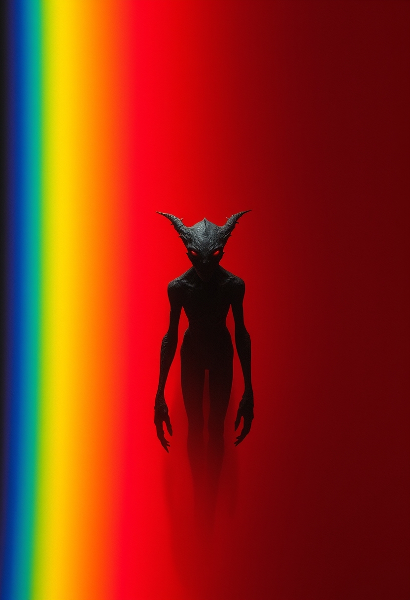 A mesmerizing color spectrum stretches across the image, transitioning seamlessly from pure black on the left through vibrant hues to deep red on the right, creating a dramatic backdrop. In the foreground, an otherworldly entity emerges from beyond the veil, its form both captivating and unsettling. The creature's ethereal presence contrasts sharply with the vivid color gradient behind it, drawing the viewer's gaze. Utilize the rule of thirds to position the entity slightly off-center, enhancing visual interest. Incorporate leading lines within the color shift to guide the eye towards the focal point. Employ dramatic lighting to accentuate the entity's otherworldly features, casting eerie shadows that blend with the darker sections of the spectrum. Create depth and dimension through subtle atmospheric perspective, with the entity appearing more defined than the background. Use complementary colors to make the creature stand out against the spectrum. Implement a slight vignette effect to frame the composition and direct attention to the center. Maintain a balanced composition by distributing visual weight evenly across the image. Render the scene in high resolution with photorealistic details, emphasizing textures and intricate features of the entity. Ensure sharp focus on the entity while allowing the background to have a slight blur, creating a sense of depth. Hyperrealistic, cinematic quality, 8K resolution, highly detailed, intricate, award-winning photography.