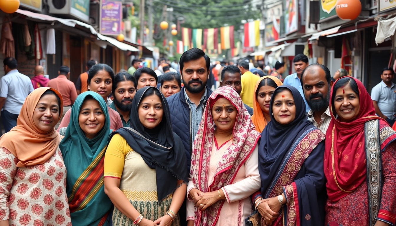 A group portrait of diverse individuals in traditional clothing, standing together in a vibrant, multicultural urban setting. - Image