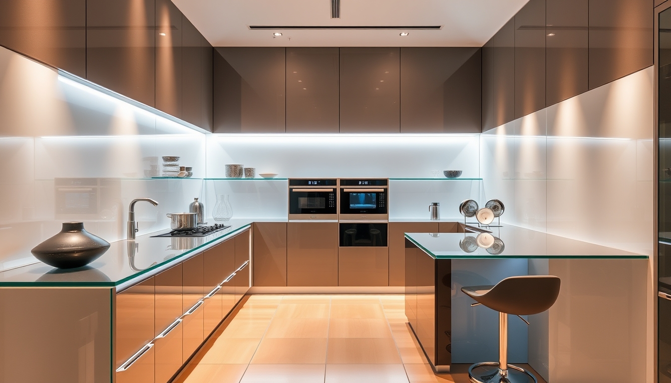 A sleek, modern kitchen with glass countertops and futuristic appliances.