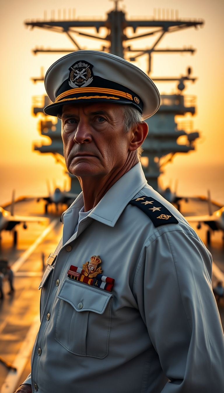 Main Character: A distinguished and weathered American Naval Admiral in his mid-40s, with a stern yet resolute expression, stands on the deck of an aircraft carrier. He is dressed in a crisp, impeccably maintained Navy uniform, adorned with numerous medals and decorations that speak to a long and decorated career. His posture is upright and commanding, reflecting his years of experience and authority. His gaze is fixed on the horizon, conveying a sense of focus and determination. Background: The vast flight deck of a modern American aircraft carrier stretches out behind the Admiral. The scene is bustling with activity as sailors and crew members go about their duties. Fighter jets stand ready for takeoff, their sleek silhouettes adding to the powerful atmosphere. The vast ocean stretches out to the horizon, meeting the sky in a hazy line. The scene is bathed in the warm, golden light of either sunrise or sunset, creating a dramatic and visually stunning backdrop. Visual Style: The visual style should be that of professional, cinematic photography, emphasizing realism and detail. The image should capture the immensity of the aircraft carrier and the vastness of the ocean, conveying the power and reach of the Navy. The lighting should be natural and dramatic, highlighting the Admiral's features and the details of his uniform. The overall tone should be one of strength, determination, and unwavering service. - Image