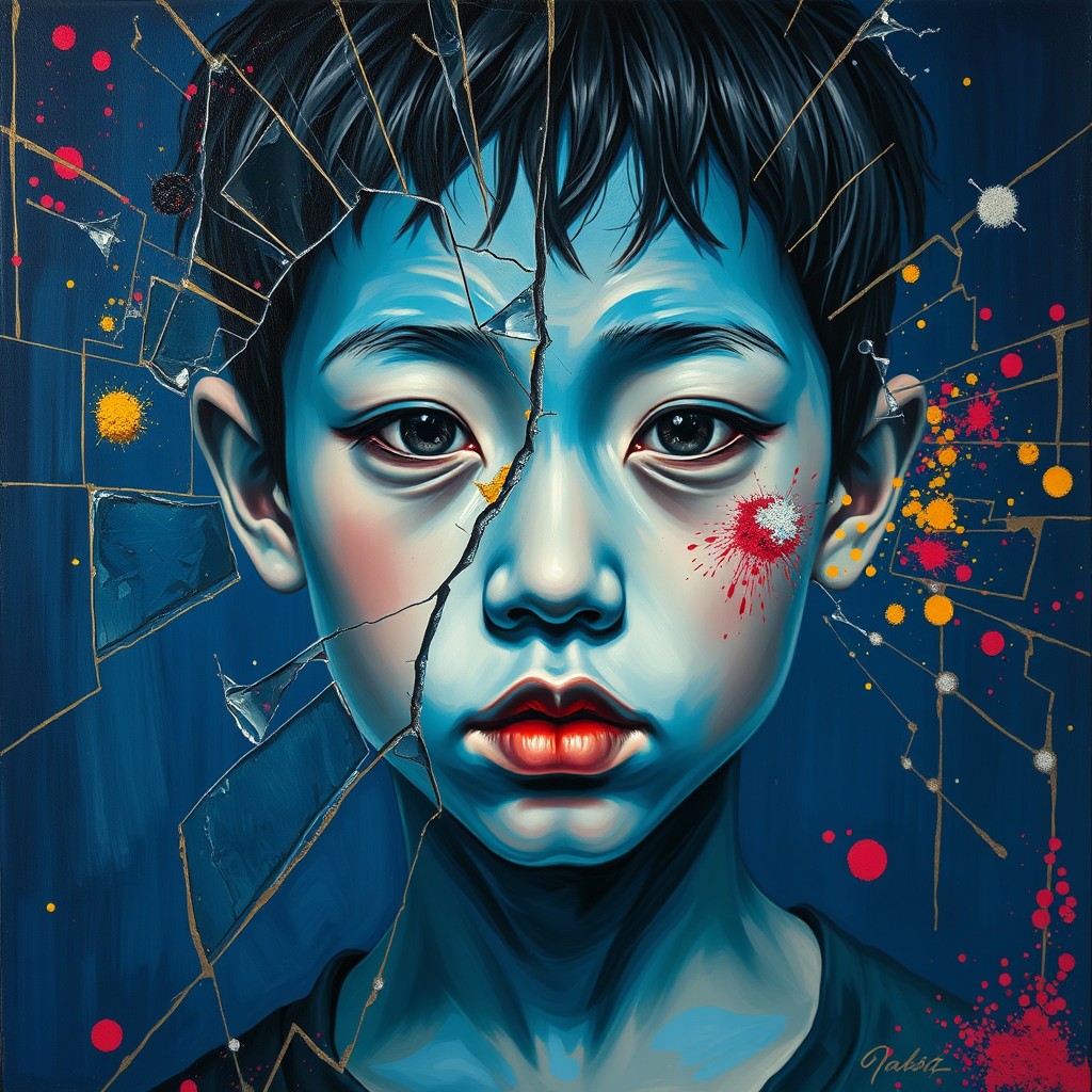 It's an oil painting in the style of Picasso, close up, a Chinese boy with blue skin and a broken face, surrounded by glass breakage and gold lines on a dark blue background, a colorful explosion of the spillage of powder. - Image