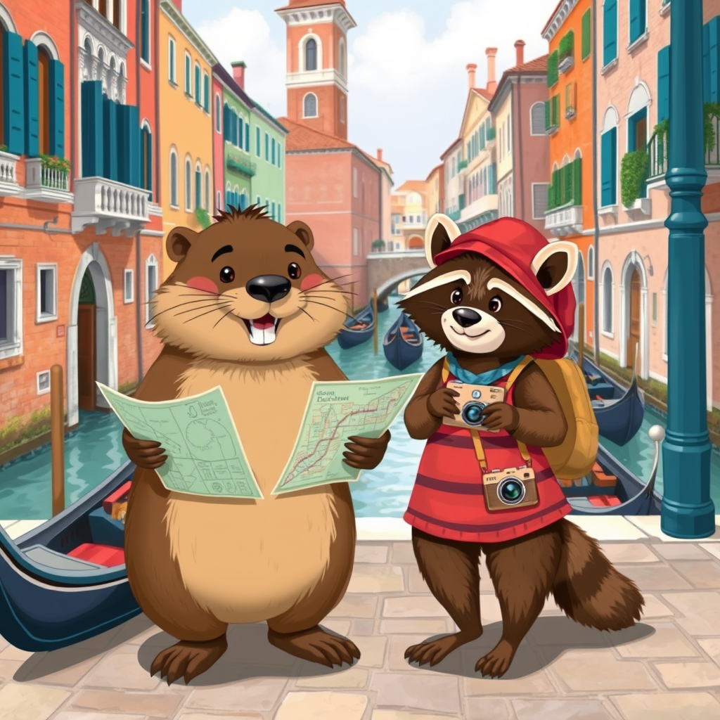 Create an enchanting scene where a beaver and a raccoon are casually strolling through the picturesque streets of Venice. The beaver should be holding a map, eagerly pointing out landmarks, while the raccoon carries a little camera, capturing their adventures. The duo should look cheerful and curious, enjoying their whimsical journey together. Surround them with iconic Venetian elements such as gondolas, ancient bridges, and charming canals. The vibrant colors of the historic buildings should add to the lively atmosphere. This illustration should evoke a sense of wonder, camaraderie, and playful exploration in one of the world's most beautiful cities.