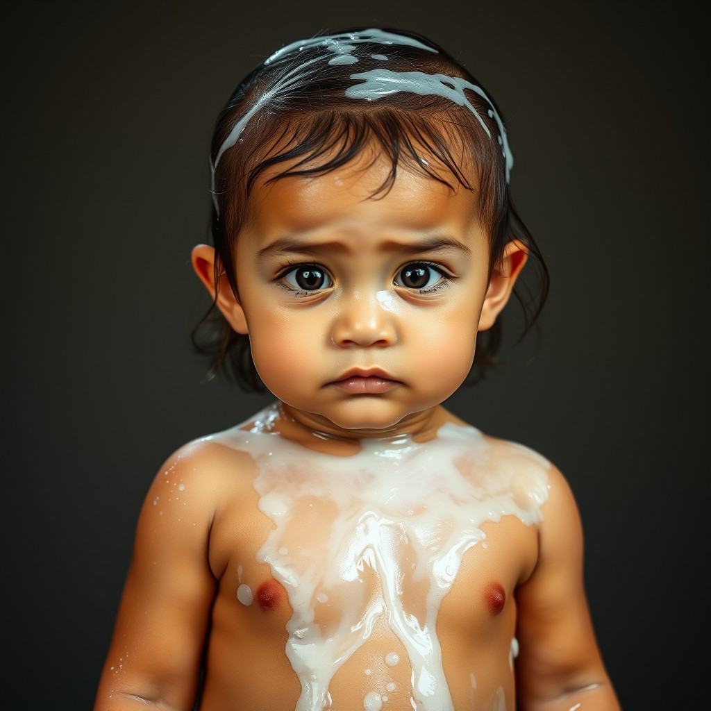 Cute little toddler girl with wet oily skin covered in translucent white liquid. Whole body.